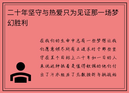 二十年坚守与热爱只为见证那一场梦幻胜利