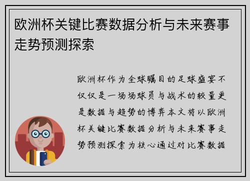 欧洲杯关键比赛数据分析与未来赛事走势预测探索